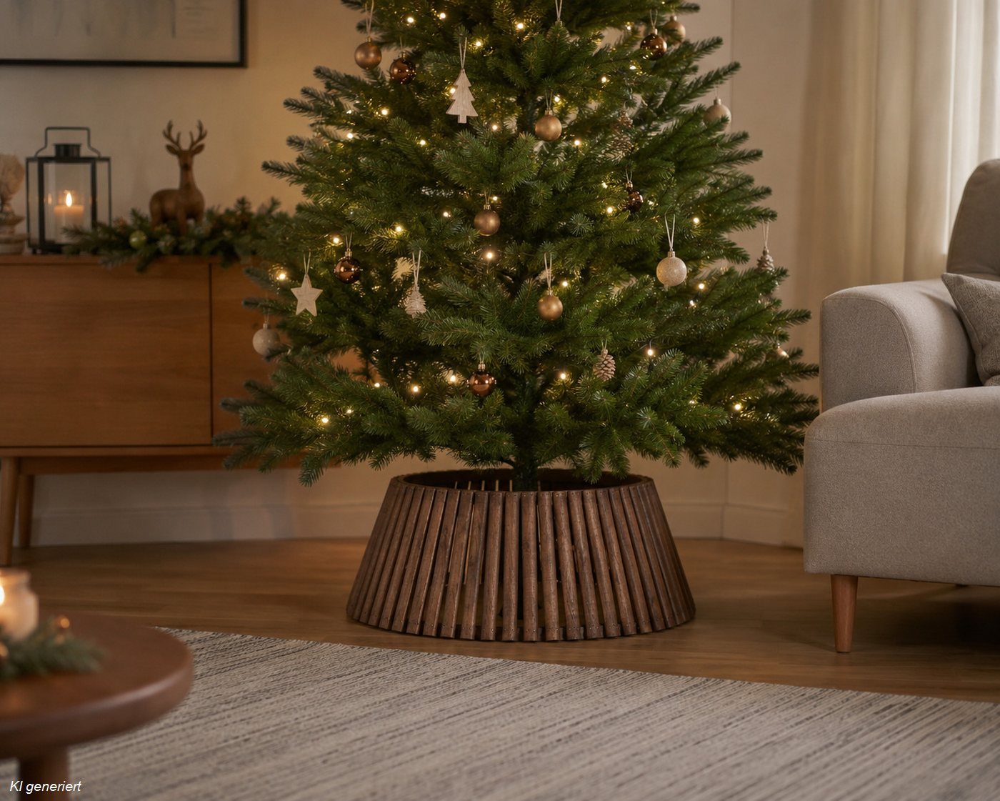 Kaemingk Künstlicher Weihnachtsbaum Everlands, Baumring Braun Holz H: 25 cm, Ø: 57 cm, für Bäume bis 1,8 m, Holzring, Baumrock, Abdeckung, Baumkragen – Bild 2 von 3