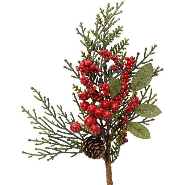 Kunstzweig, Kaemingk, Künstlicher Zweig 26cm mit Zapfen und roten Beeren 1 Stück Grün / Rot