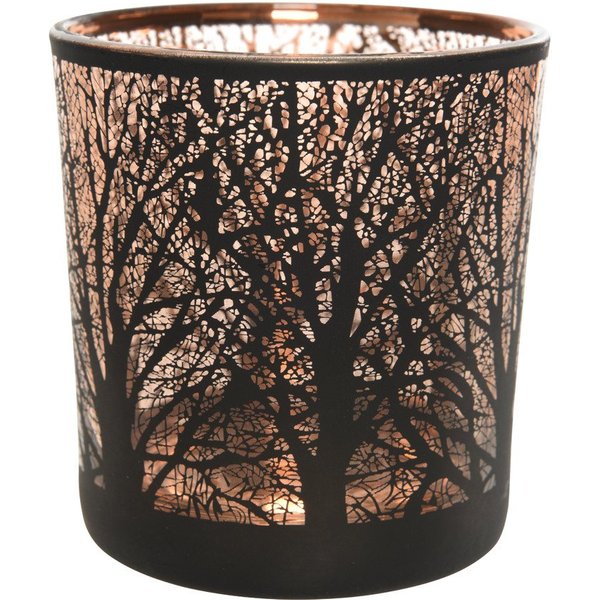 Kaemingk Teelichthalter, Windlicht Glas mit Baum Motiv 8cm, schwarz