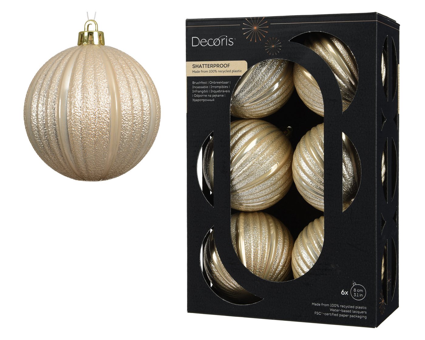 Kaemingk Weihnachtsbaumkugel, Weihnachtskugeln Kunststoff 8cm geriffelt 6 Stück - Perle – Bild 3 von 3
