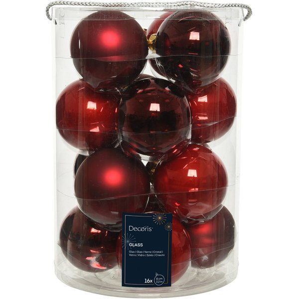 Kaemingk Weihnachtsbaumkugel, Weihnachtskugeln Glas 8cm 16 Stück - Weihnachtsrot / Ochsenblut Mix