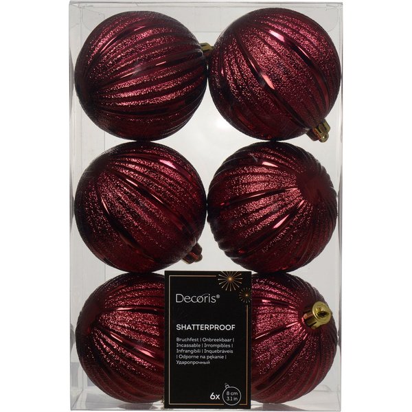 Kaemingk Weihnachtsbaumkugel, Weihnachtskugeln Kunststoff 8cm geriffelt 6 Stück - Ochsenblut