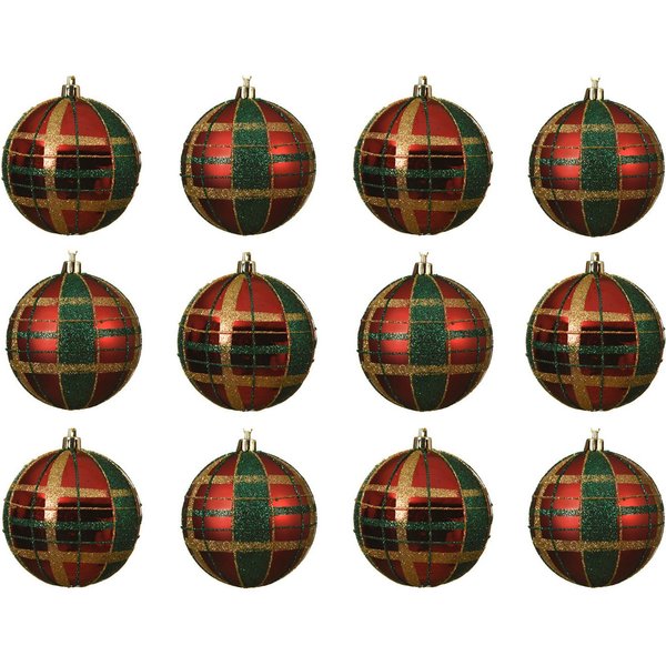 Kaemingk Weihnachtsbaumkugel, Weihnachtskugeln Kunststoff Schottenkaro 8cm weihnachtsrot, 12er Set