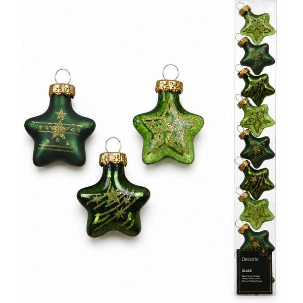 Kaemingk Weihnachtsbaumkugel, Christbaumschmuck Sterne Mix 3cm Glas 9er Set - Piniengrün