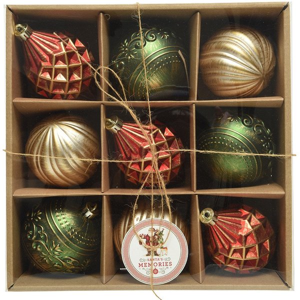 Kaemingk Weihnachtsbaumkugel, Weihnachtskugeln Kunststoff Vintage 8cm rot / gold / grün, 9er Set