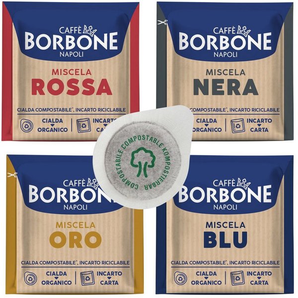 Caffè Borbone Kaffee Caffè Borbone 4er Set (200 Pads) Kompostierbar: Oro, Blu, Nera, Rossa, 4 x (Neapolitanischer Kaffee, 200 E.S.E. Pads Vorrat für ESE-Geräte)
