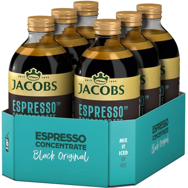 JACOBS Kaffee JACOBS Espresso Kaffeekonzentrat Black 6 x 485 ml, Ideal für Iced Coffee, Latte, Cappuccino oder kreative Kaffee-Rezepte