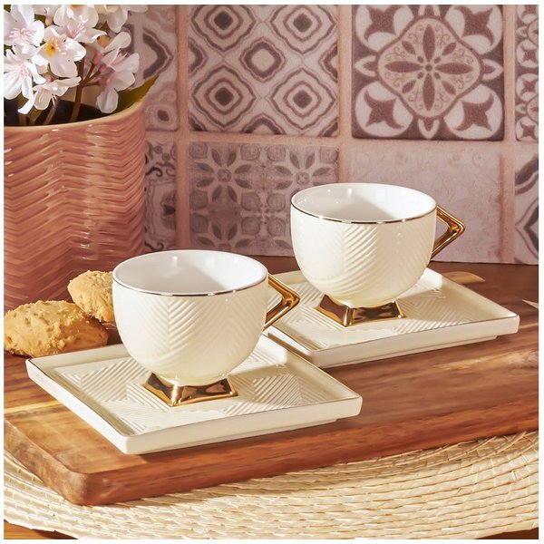 Karaca Kaffeeservice Karaca Art Deco 90 ml Kaffeetasse mit Untertasse Set 2 Personen, Creme