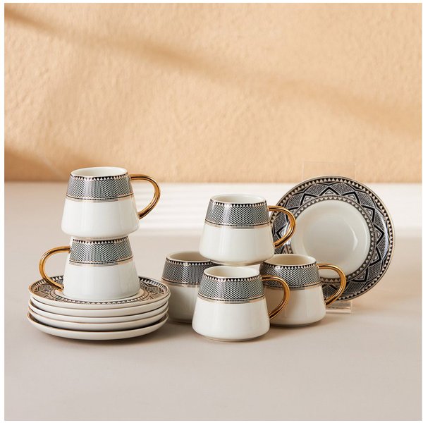 Karaca Kaffeeservice Karaca Globe 80 ml Kaffeetasse mit Untertasse Set 6 Personen, Schwarz