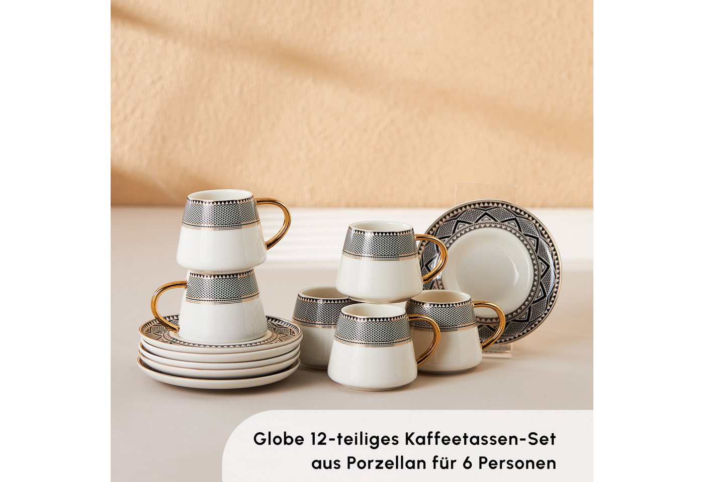 Karaca Kaffeeservice Karaca Globe 80 ml Kaffeetasse mit Untertasse Set 6 Personen, Schwarz – Bild 3 von 5