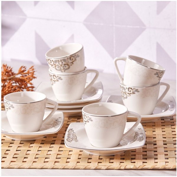 Karaca Kaffeeservice Karaca Nazende 80 ml Kaffeetasse mit Untertasse Set 6 Personen, Weiß