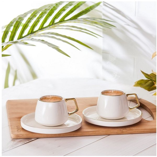 Karaca Kaffeeservice Karaca Saturn Kaffeeservice 100 ml Kaffeetassen-Set, 2 Personen, Gold, Porzellan