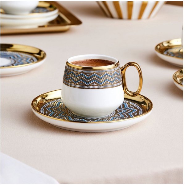 Karaca Kaffeeservice Karaca Suadiye 90 ml Kaffeetasse mit Untertasse Set 6 Personen, Blau