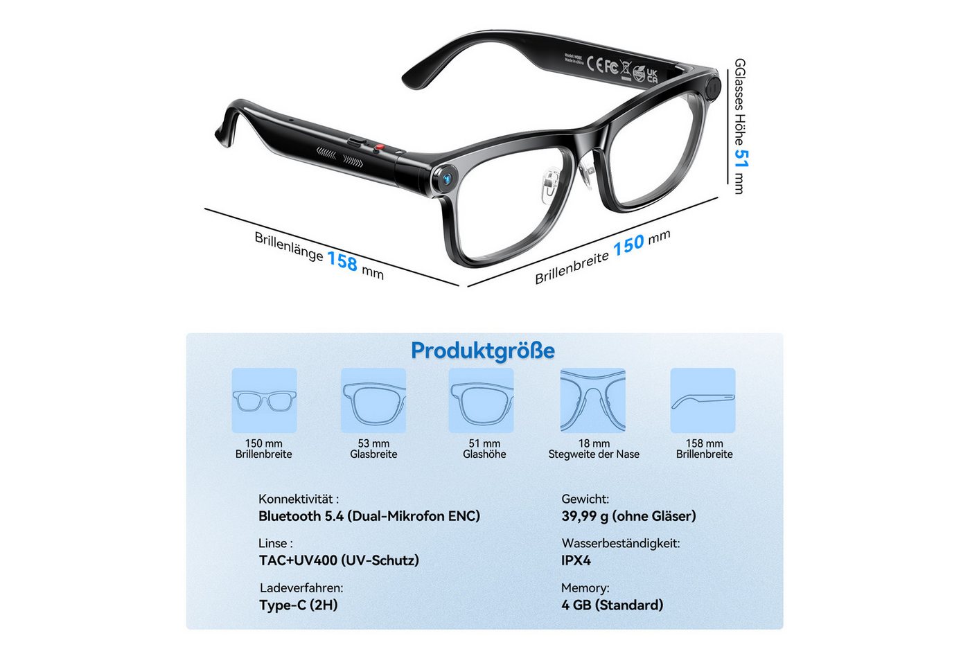 KAIGERR Sonnenbrille KI Brille mit Echtzeitübersetzung, 13MP Kamera,300 mAh, Wechselgläsern (LED Video Brille, 1-St., ca. 150*158*51mm) AI Smart Glasses Set für – Bild 2 von 5