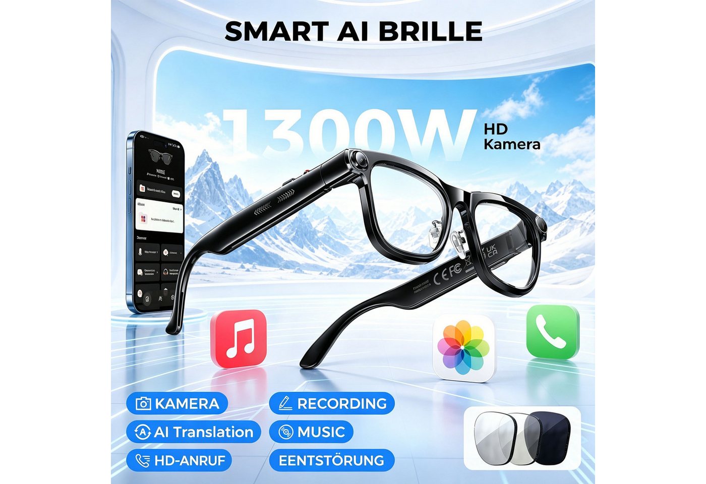 KAIGERR Sonnenbrille KI Brille mit Echtzeitübersetzung, 13MP Kamera,300 mAh, Wechselgläsern (LED Video Brille, 1-St., ca. 150*158*51mm) AI Smart Glasses Set für – Bild 3 von 5