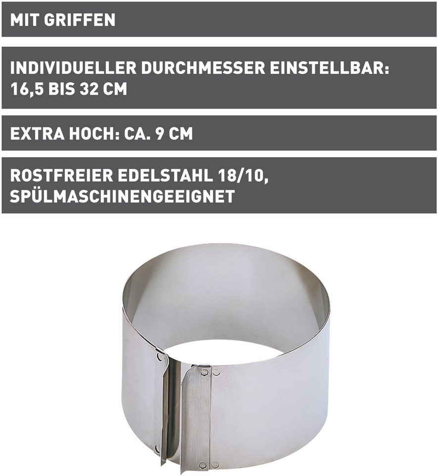 Kaiser Backformen Tortenring Inspiration, Edelstahl 18/10, (1 tlg), mit Griffen, individuelle Größeneinstellung für ⌀ von 16,5 bis 32 cm – Bild 4 von 5