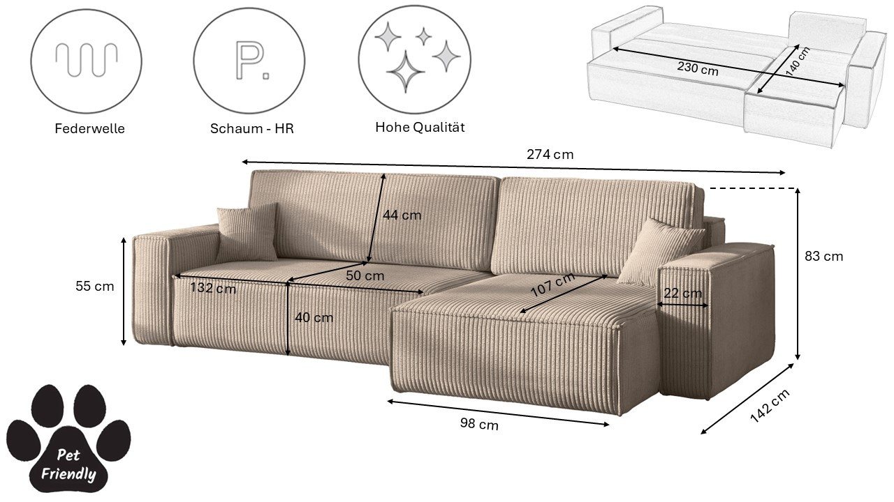 Kaiser Möbel Ecksofa mit schlaffunktion und bettkasten, BEST XL stoff Poso, Quelle, Verita, Mit Bettfunktion und Bettzeugfach – Bild 3 von 5