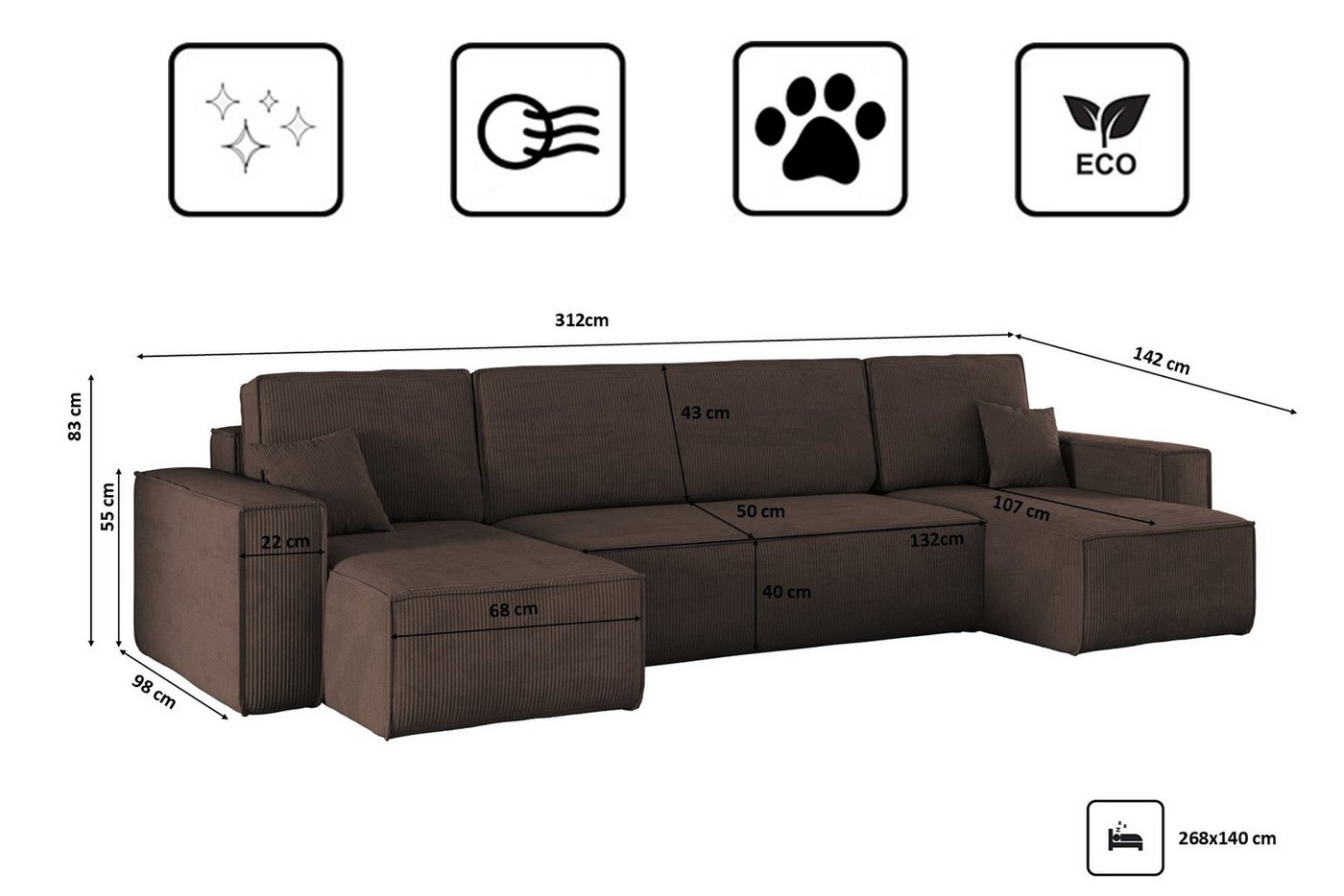 Kaiser Möbel Ecksofa mit schlaffunktion und bettkasten, Couch U-form BEST stoff Poso, Schlaffunktion, Bettzeugaufbewahrung, universal – Bild 3 von 5