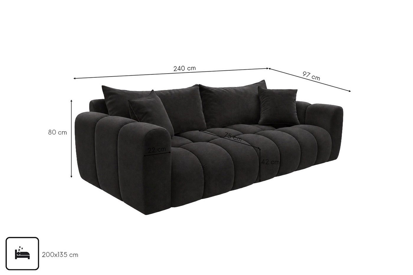 Kaiser Möbel Sofa mit Schlaffunktion und Bettkasten, Velvet-Stoff Bluvel, COSMOPOLITAN, Einzelsofa, Freistehend, Liegefunktion 200 × 135 cm, samtweicher Velvet- – Bild 5 von 5