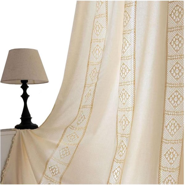 Kaket Gardine Boho-gewebter Vorhang, Vintage-Landhausstil Gardine, Baumwoll-Leinen-Quasten Vorhang, Durchbrochener Verdunkelungsvorhang