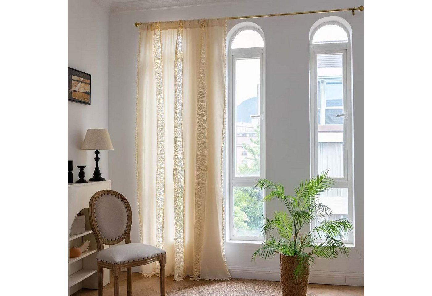 Kaket Gardine Boho-gewebter Vorhang, Vintage-Landhausstil Gardine, Baumwoll-Leinen-Quasten Vorhang, Durchbrochener Verdunkelungsvorhang – Bild 2 von 5