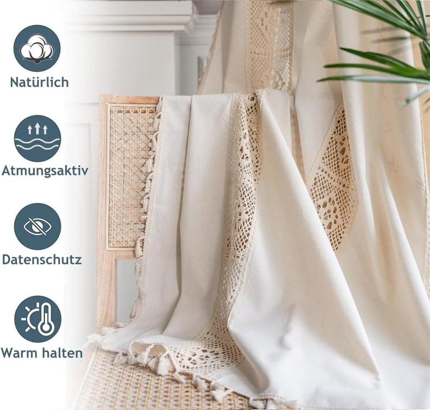 Kaket Gardine Boho-gewebter Vorhang, Vintage-Landhausstil Gardine, Baumwoll-Leinen-Quasten Vorhang, Durchbrochener Verdunkelungsvorhang – Bild 3 von 5