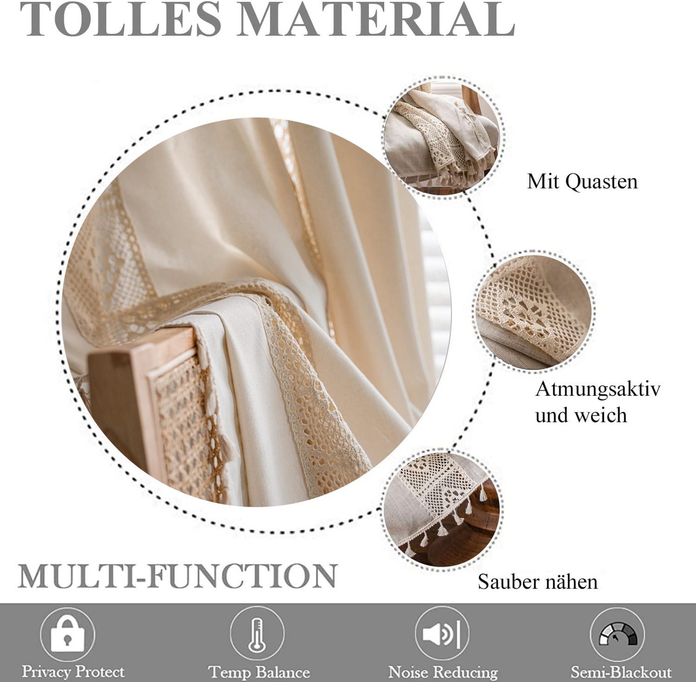 Kaket Gardine Boho-gewebter Vorhang, Vintage-Landhausstil Gardine, Baumwoll-Leinen-Quasten Vorhang, Durchbrochener Verdunkelungsvorhang – Bild 4 von 5