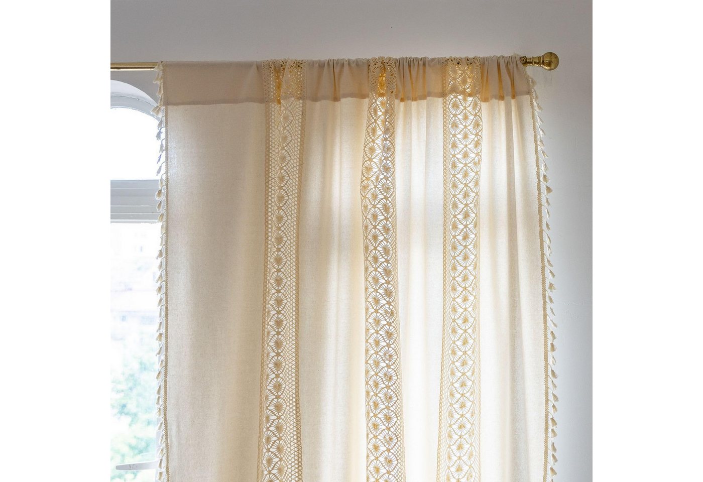 Kaket Gardine Boho-Vorhänge, beige Lochmuster-Gardine, Vintage-Landhausstil-Vorhänge, Fransen-Vorhänge – Bild 5 von 5