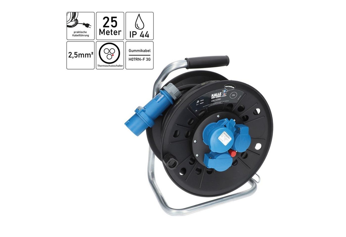 KALLE DAS KABEL Campingkabeltrommel CEE 230V 16A 2,5 IP44 25m Anschlussltg+Adapterltg Kabeltrommel (Kabellänge 2500 m) – Bild 2 von 5