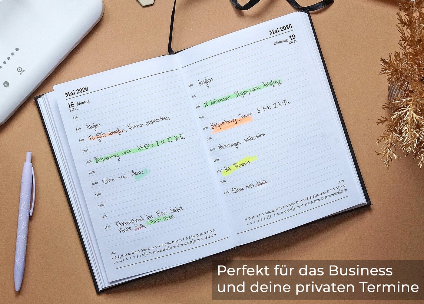 Kamber Office Buchkalender Buchkalender 2026 A5 Lederoptik glatt Chefplaner, Terminplaner 2026 DIN A5, Chefplaner 2026 Kalender mit Jahresübersicht – Bild 4 von 5