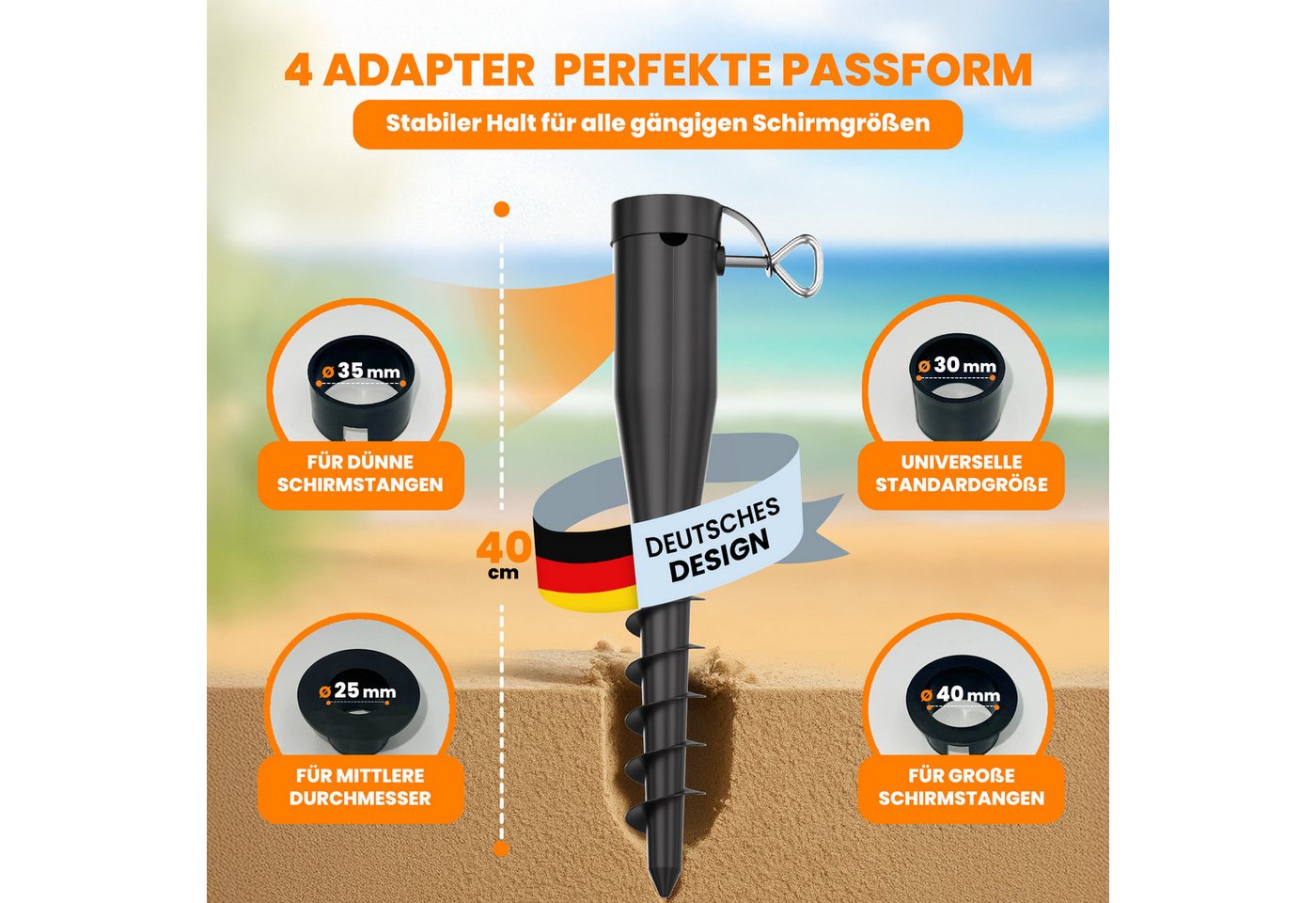 Kamelio Bodenhülse Bodenhülse Sonnenschirm Halterung Strand Schirmständer stabil windfest, für den Strand, (1-St), Eindrehen-fertig, leicht und langliebig – Bild 2 von 5