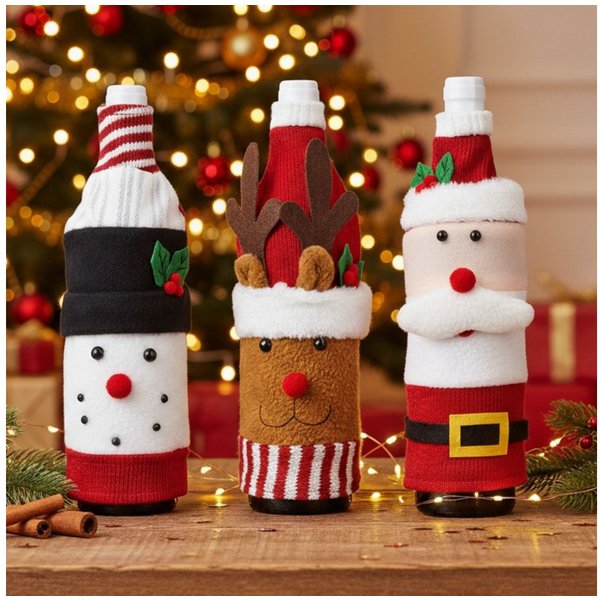 Kamelio Dekofigur Set Flaschenpullover Weihnachten Flaschenüberzug Weinflaschenhülle (3 St., 3 Stück)