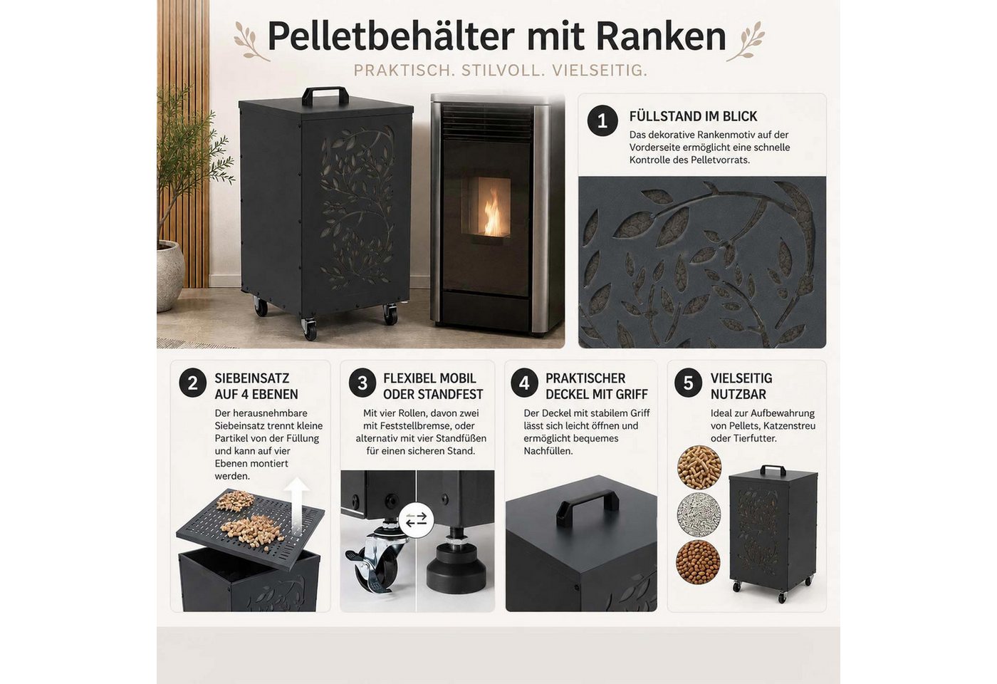 MCW Kaminholzkorb MCW-Q30-R, mit Rankenmotiv, für die Aufbewahrung von Pelletts oder Katzenstreu – Bild 4 von 5