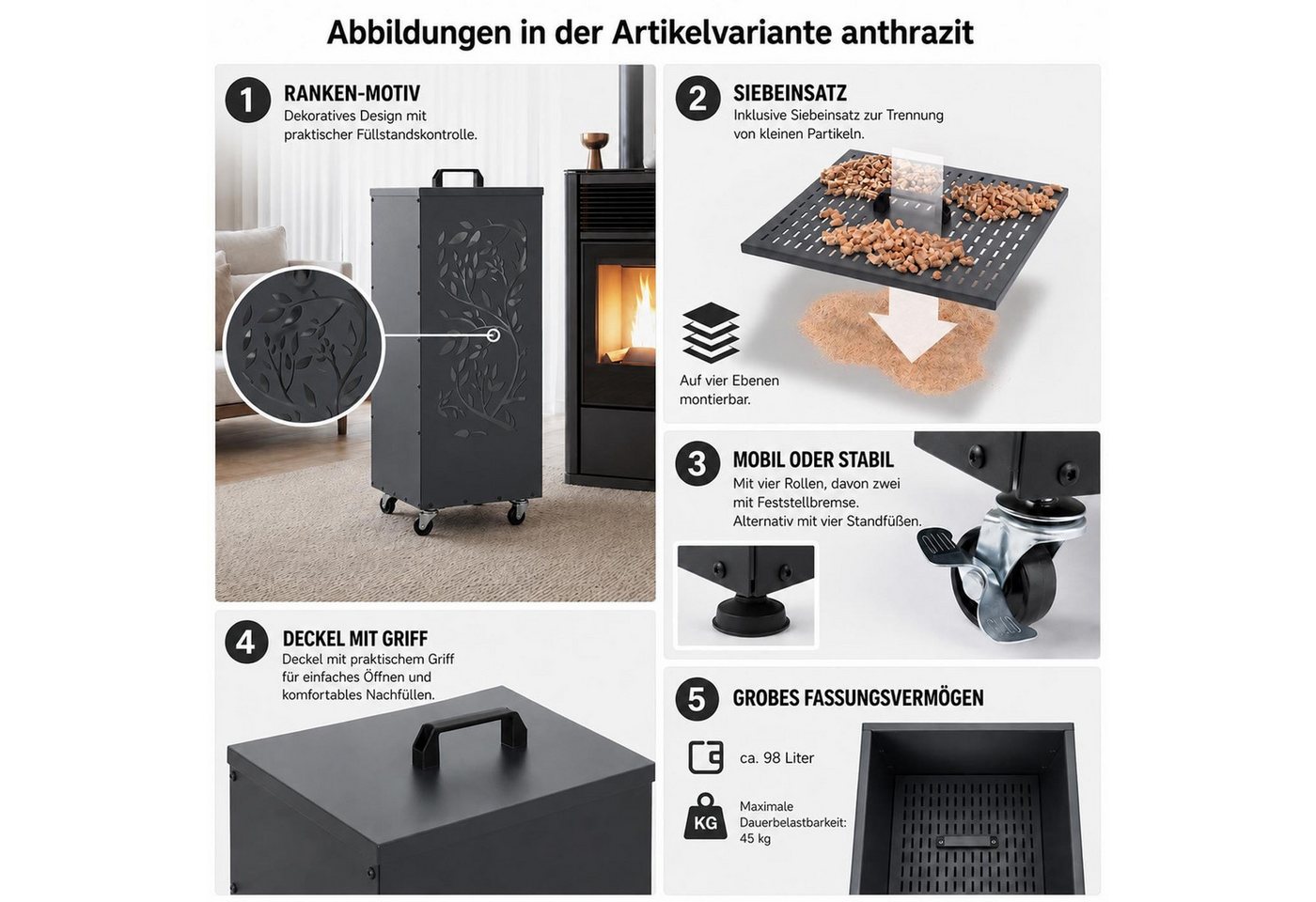 MCW Kaminholzkorb MCW-Q30_R45, mit Ranken-Motiv, zur Aufbewahrung von Pellets, Katzenstreu – Bild 4 von 5