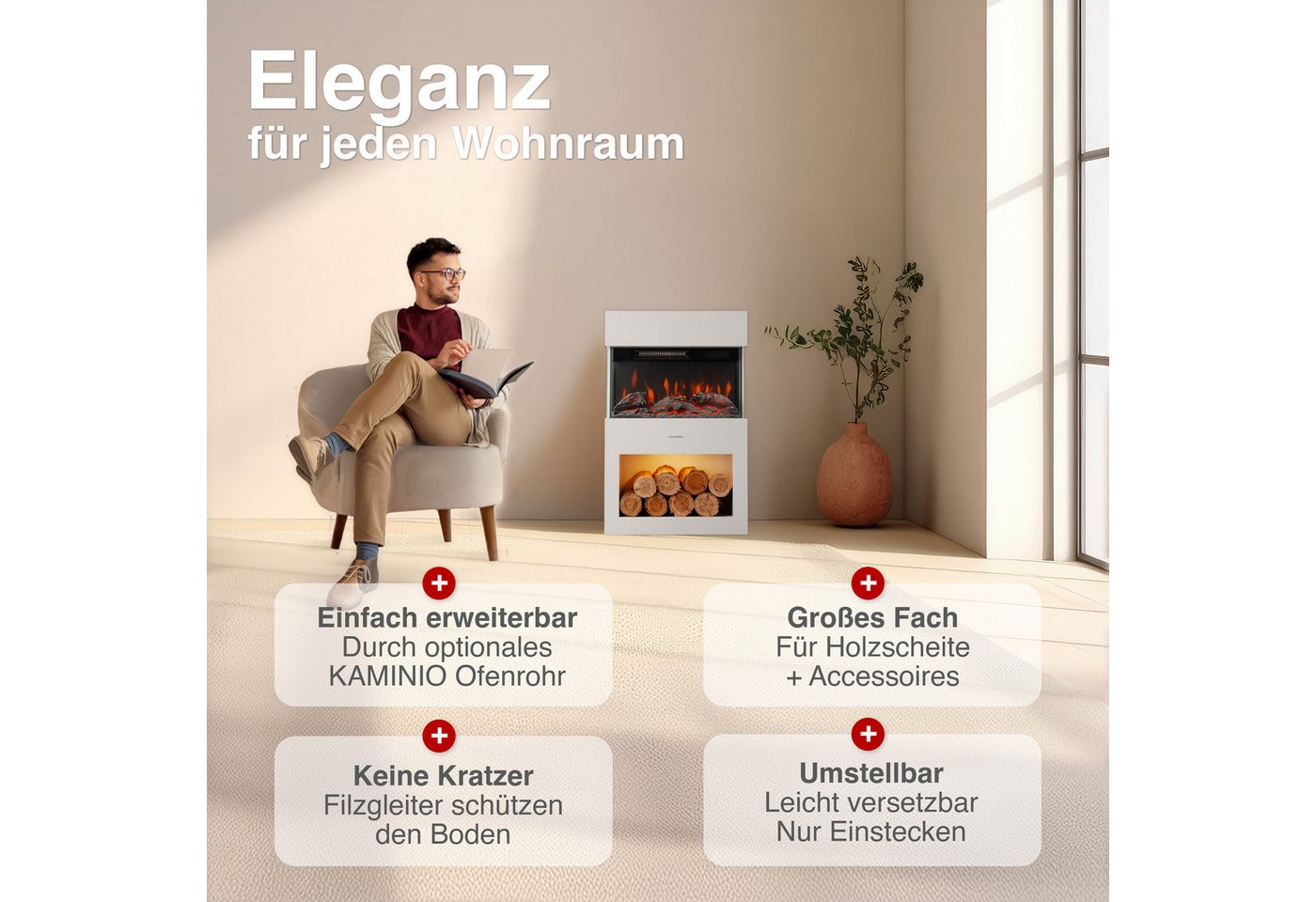 KAMINIO Elektrokamin HENRI, Elektrischer Kamin mit 3D-Flammeneffekt, Heizung 1800W – Bild 2 von 5