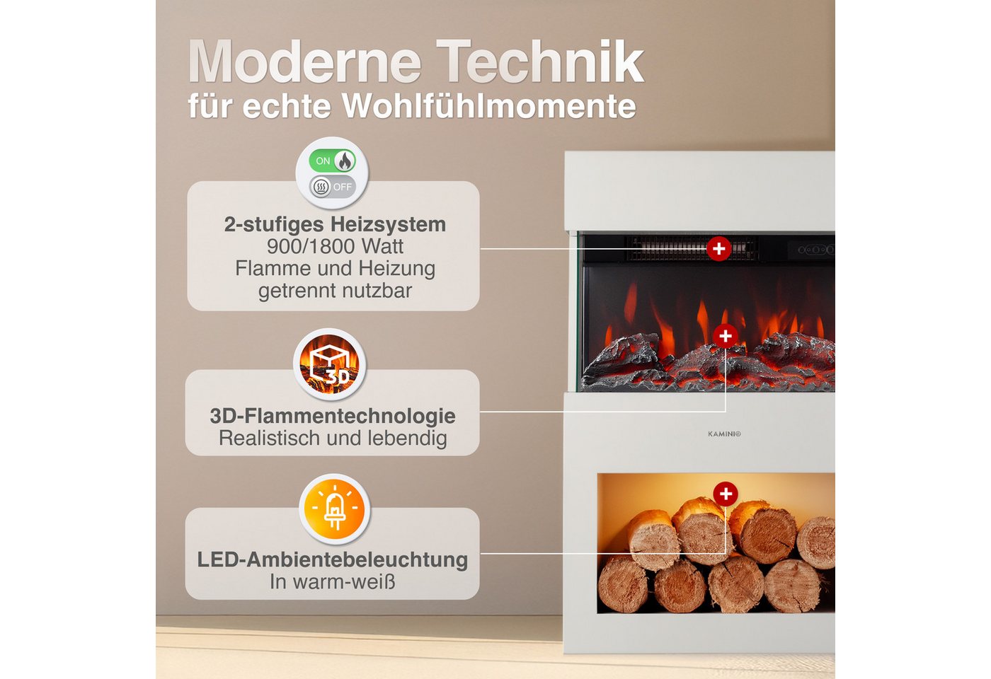 KAMINIO Elektrokamin HENRI, Elektrischer Kamin mit 3D-Flammeneffekt, Heizung 1800W – Bild 3 von 5