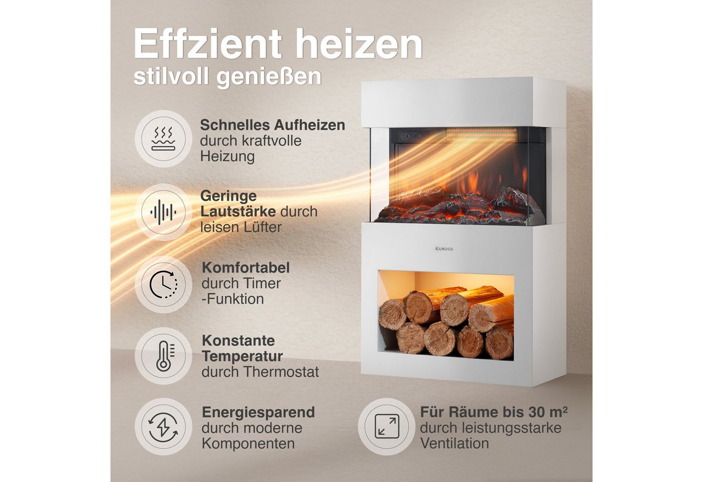 KAMINIO Elektrokamin HENRI, Elektrischer Kamin mit 3D-Flammeneffekt, Heizung 1800W – Bild 4 von 5