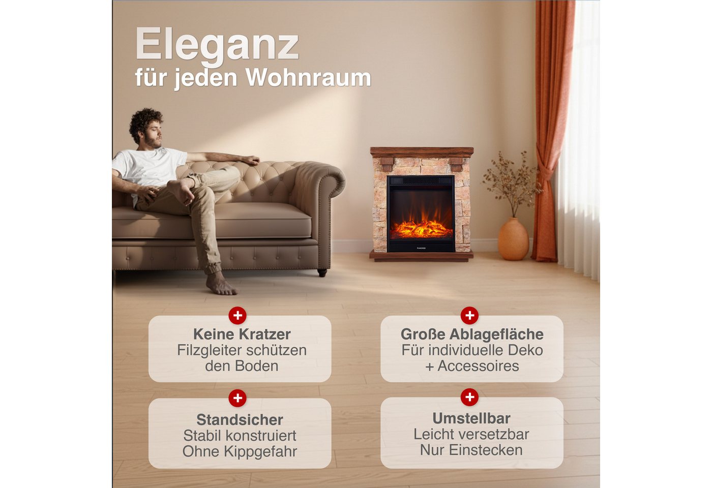 KAMINIO Elektrokamin JUAN, Elektrischer Kamin mit 3D-Flammeneffekt, Heizung 1800W – Bild 2 von 5