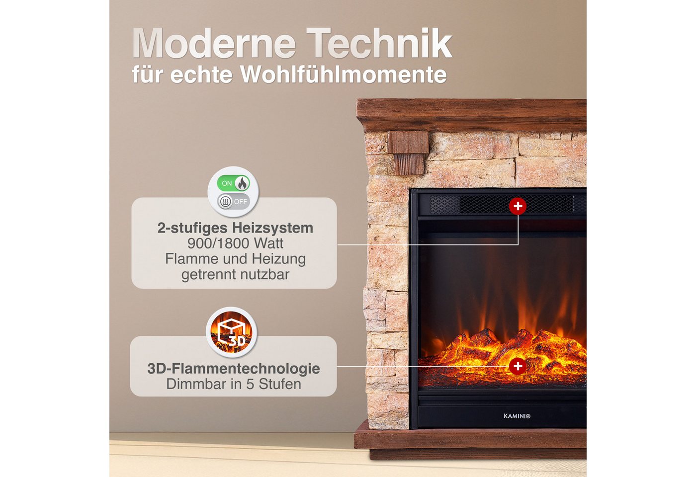 KAMINIO Elektrokamin JUAN, Elektrischer Kamin mit 3D-Flammeneffekt, Heizung 1800W – Bild 3 von 5