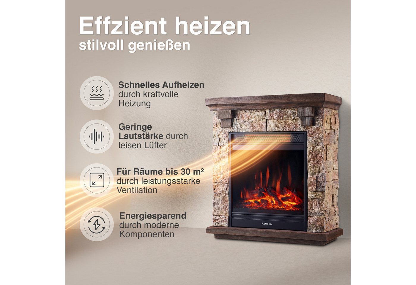 KAMINIO Elektrokamin JUAN, Elektrischer Kamin mit 3D-Flammeneffekt, Heizung 1800W – Bild 4 von 5