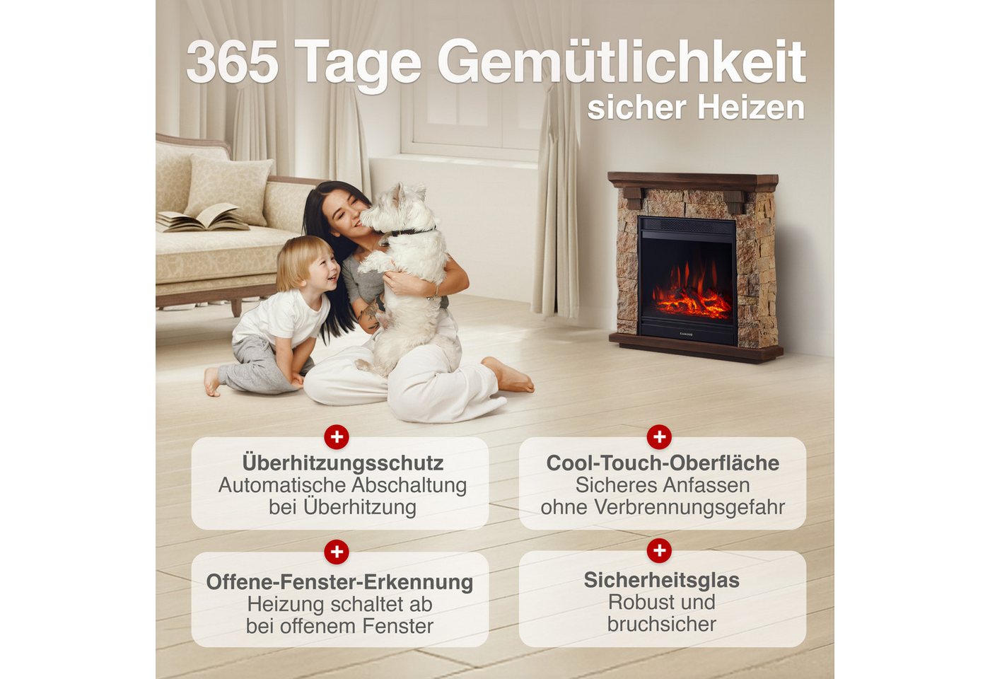 KAMINIO Elektrokamin JUAN, Elektrischer Kamin mit 3D-Flammeneffekt, Heizung 1800W – Bild 5 von 5