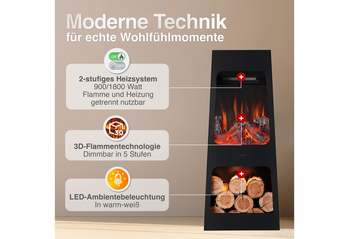 KAMINIO Elektrokamin KAI, 3D-Flammeneffekt, Intelligente 2-Stufen-Heizung – Bild 3 von 5
