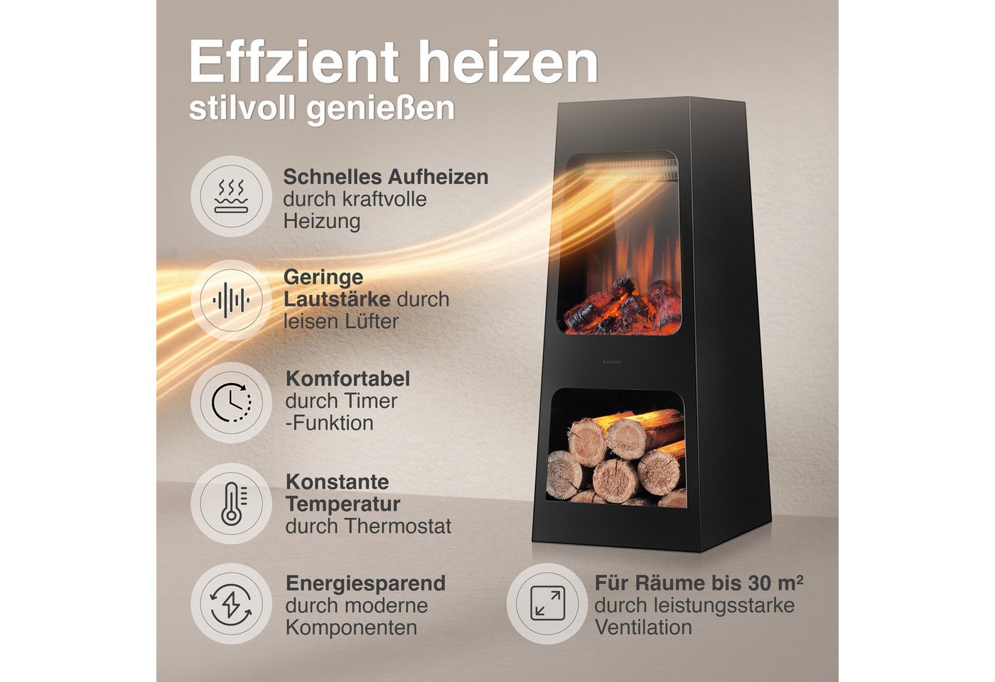KAMINIO Elektrokamin KAI, 3D-Flammeneffekt, Intelligente 2-Stufen-Heizung – Bild 4 von 5