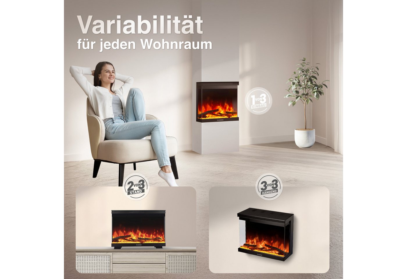 KAMINIO Elektrokamin LEA, 3in1 Kamin: Elektrischer Stand-, Wand- und Einbaukamin, Panoramaview – Bild 2 von 5