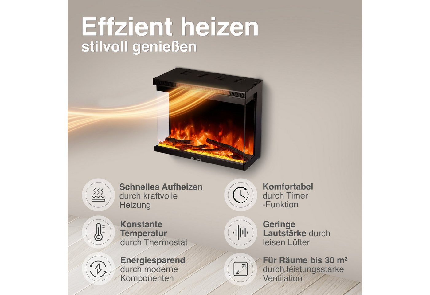 KAMINIO Elektrokamin LEA, 3in1 Kamin: Elektrischer Stand-, Wand- und Einbaukamin, Panoramaview – Bild 4 von 5