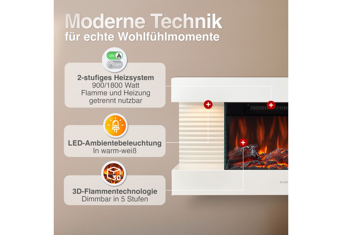 KAMINIO Elektrokamin LIZ, Elektrischer Kamin: 3D-Flammeneffekt, LED-Ambientelicht, Heizung 1800W – Bild 3 von 5