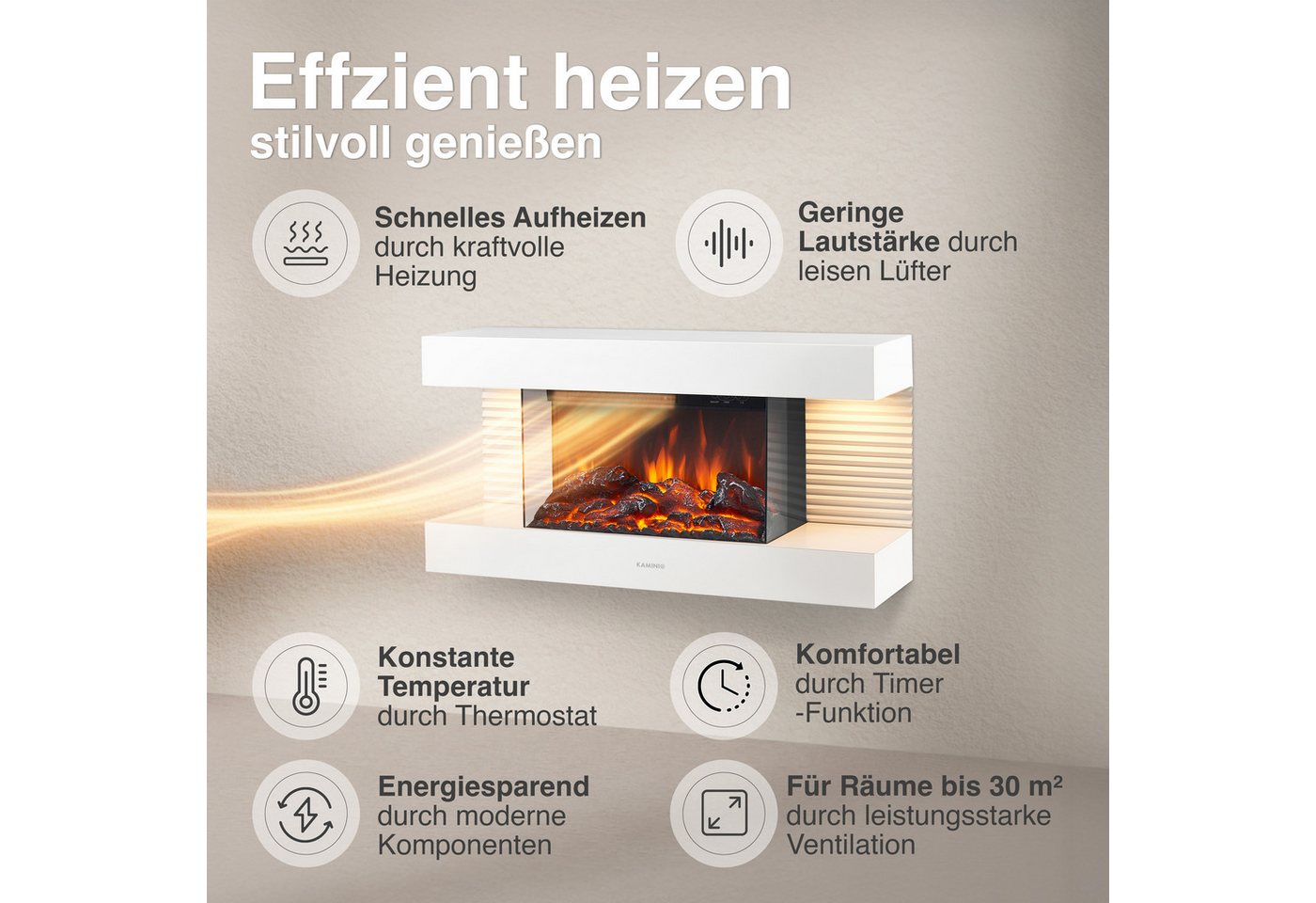 KAMINIO Elektrokamin LIZ, Elektrischer Kamin: 3D-Flammeneffekt, LED-Ambientelicht, Heizung 1800W – Bild 4 von 5