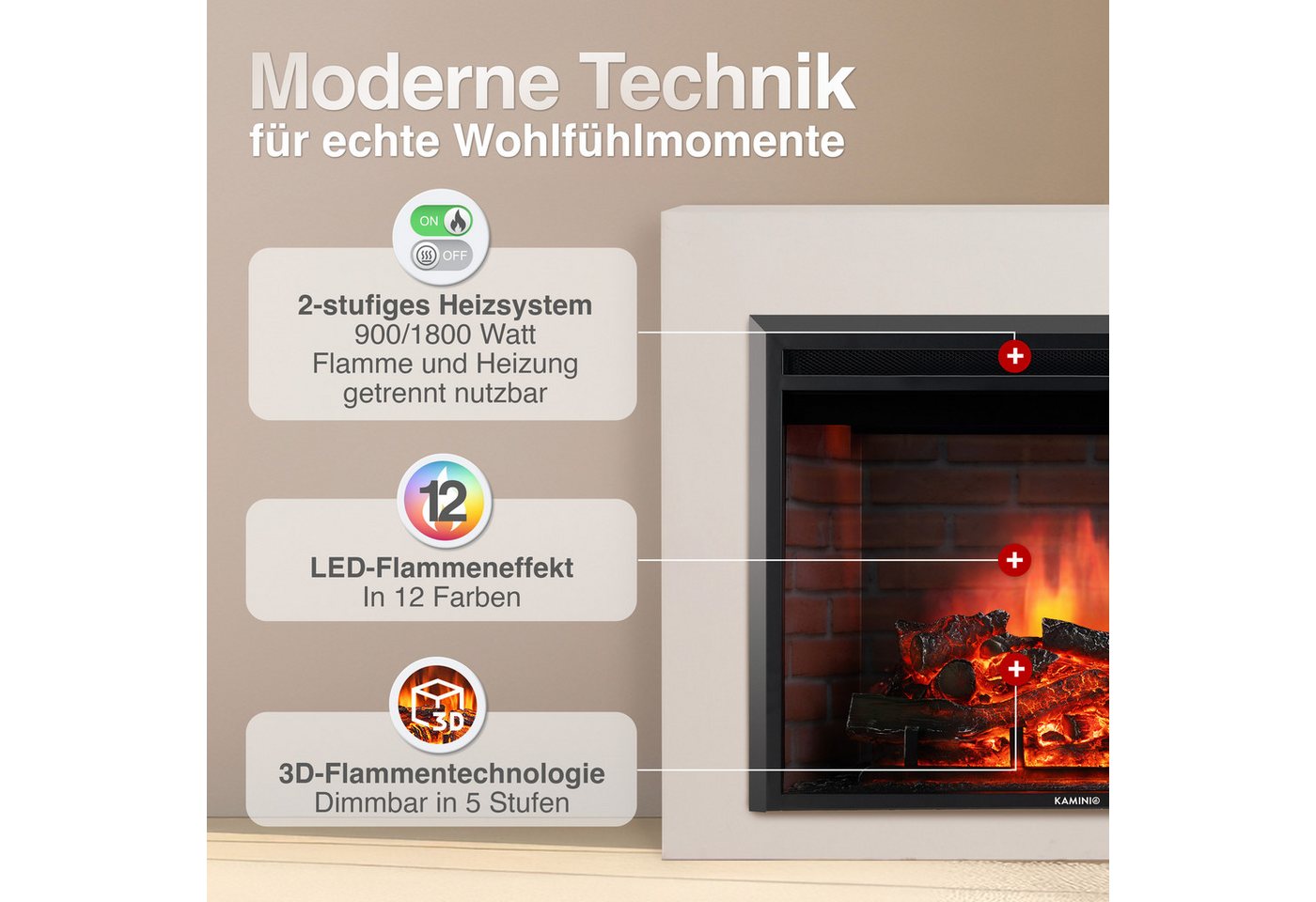 KAMINIO Elektrokamin LUCA, Elektrischer Kamin mit 3D-Flammeneffekt in 12 Farben, Heizung 1800W – Bild 3 von 5