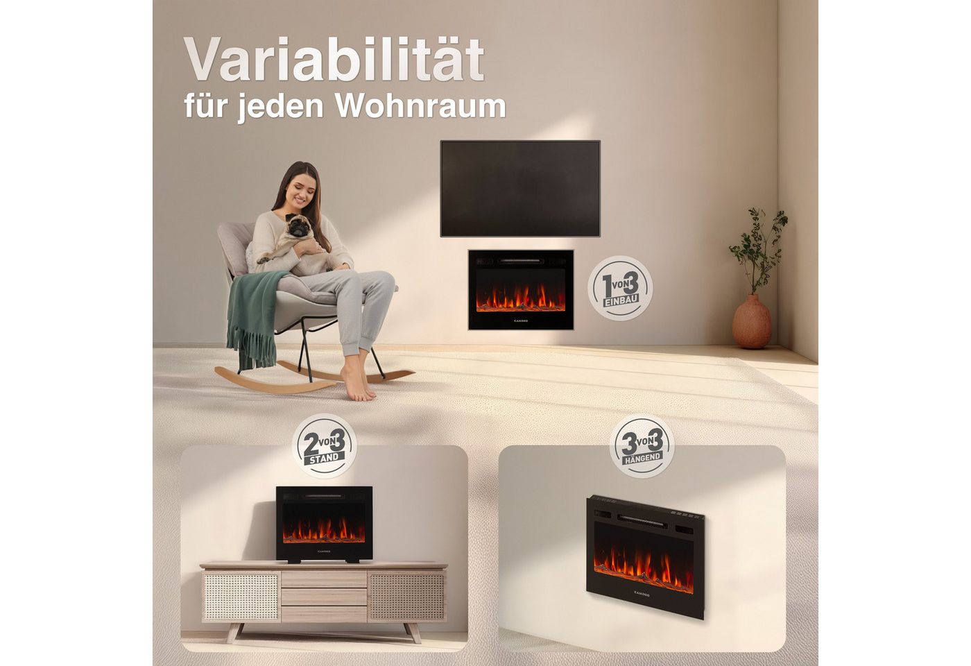 KAMINIO Elektrokamin MARLON, 3in1 Kamin: Elektrischer Stand-, Wand- und Einbaukamin, Heizung 1800W – Bild 2 von 5