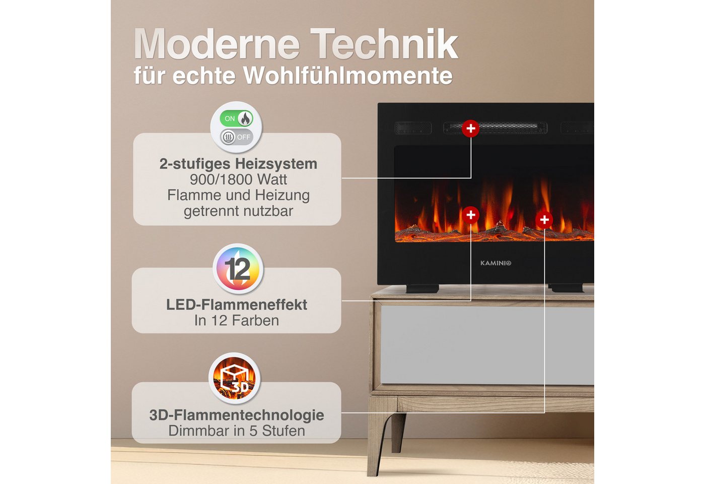 KAMINIO Elektrokamin MARLON, 3in1 Kamin: Elektrischer Stand-, Wand- und Einbaukamin, Heizung 1800W – Bild 3 von 5